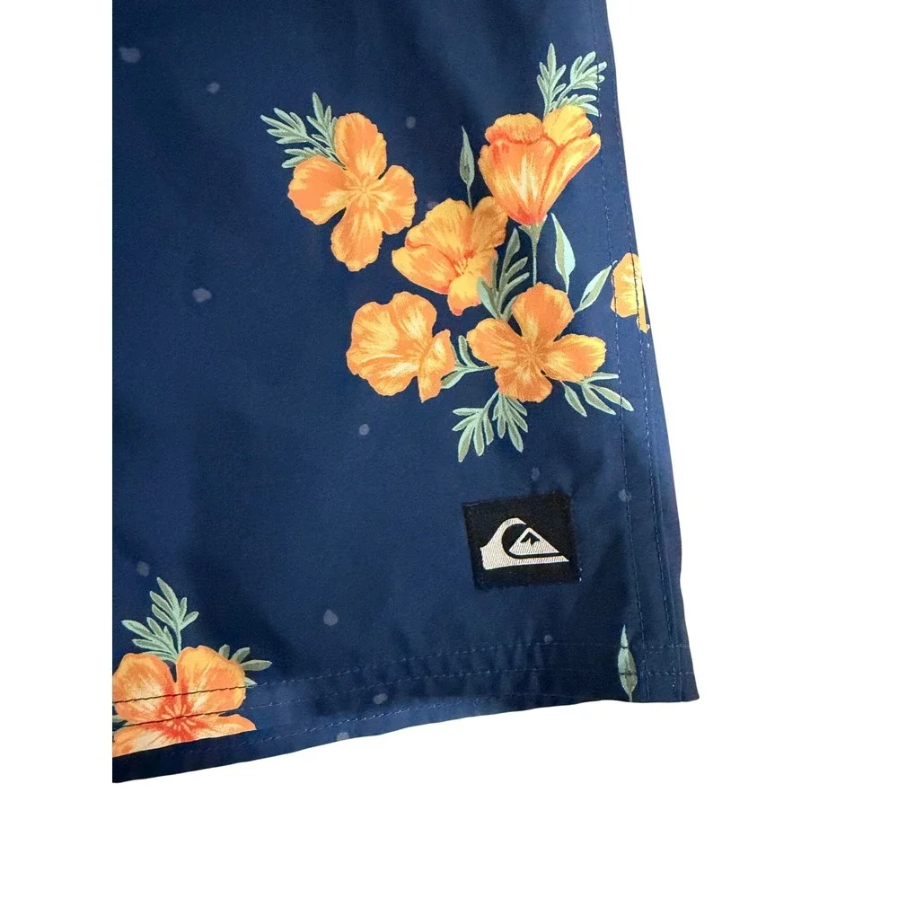 Quiksilver Boys‎ Navy Blue Orange Floral Poppy Board Shorts Swim Trunks